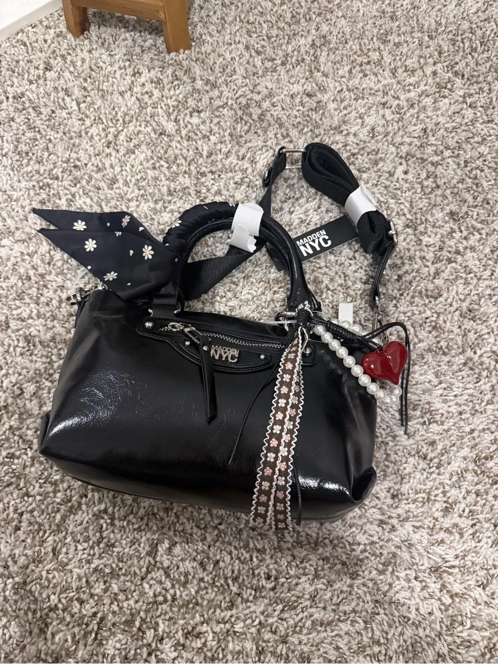 Madden NYC Black Patent Leather Satchel with Pearl Charm